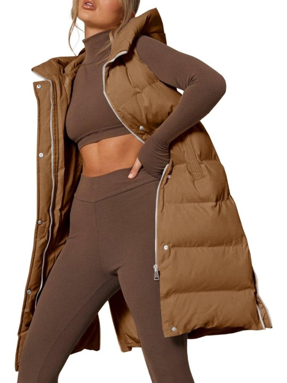 Cozy Long Hooded Sleeveless Puffer Vest with Stand Collar for Women